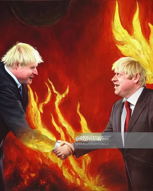 Image similar to an oil painting of uk politician former prime minister boris johnson having a meeting with the devil satan in the fiery pits of hell, demonic imagery, pagan, satanic symbolism, smiling and shaking hands, 4 k detail