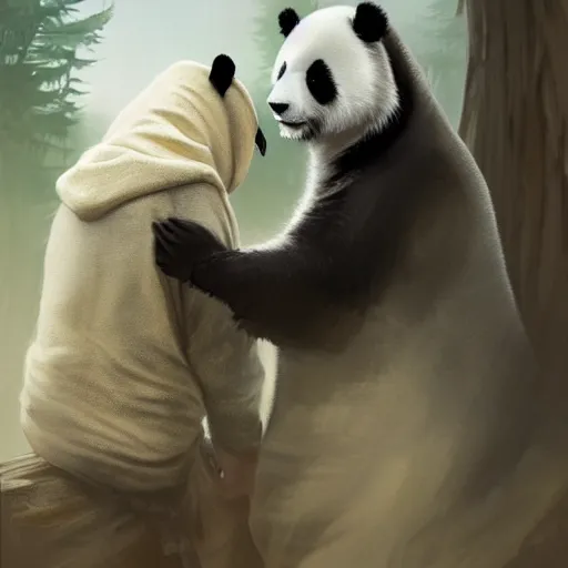Image similar to an hooded man petting a fluffy cute panda near a river, nature, digital painting, artstation, concept art, soft light, hdri, smooth, sharp focus, illustration, fantasy, intricate, elegant, highly detailed, D&D, matte painting, in the style of Greg Rutkowski and Alphonse Mucha and artemisia, 8k, highly detailed, jurgens, rutkowski, bouguereau, pastoral, rustic, georgic, detailed concept art, illustration, colorful pastel, painting, detail, ultra detailed, digital art, 4K,