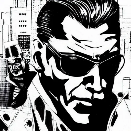 Image similar to a cyberpunk mafia boss with slicked back hair, in a cyberpunk setting, comic book art, cyberpunk, art by stan lee, pen drawing, inked, black and white, dark, moody, dramatic, deep shadows, marvel comics, dc comics