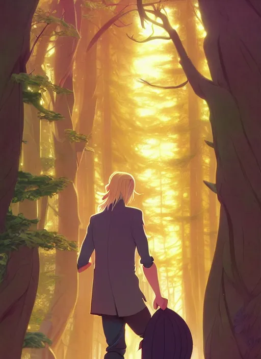 Image similar to book cover design, slender young man with long golden blond hair, shiny and sparkling, from behind, back shot, high angle, lost in a magical forest, natural lighting, path traced, highly detailed, high quality, cartoon, digital painting, by don bluth and ross tran and studio ghibli and alphonse mucha