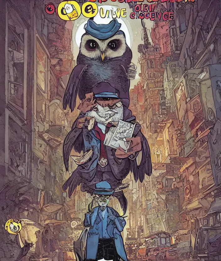 Image similar to graphic novel about grumpy owl detective, colourful, by arthur adams and greg rutkowski