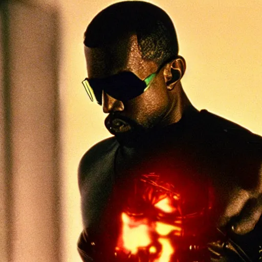 Image similar to Film still of kanye west as the terminator, red eyes, face exoskeleton