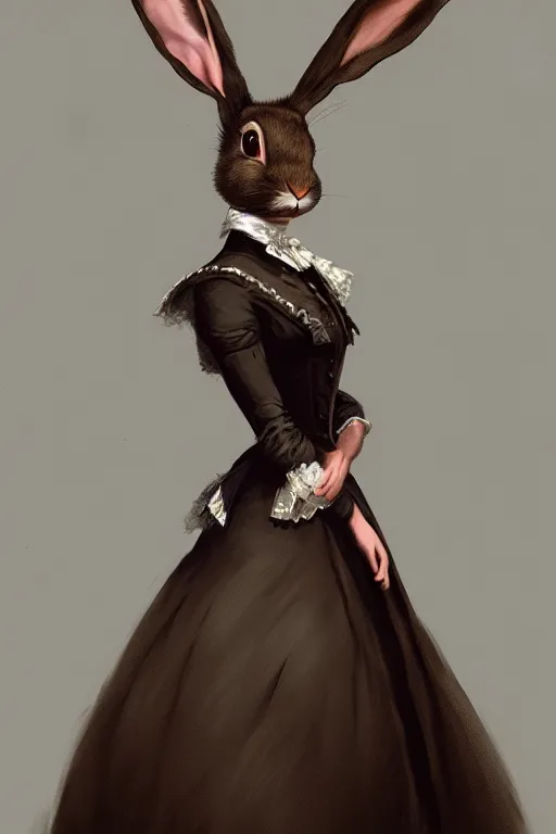 Image similar to portrait of an anthropomorphic rabbit in a victorian - era ballgown, dramatic lighting, highly detailed, digital painting, artstation, concept art, smooth, sharp focus, illustration, art by wlop, mars ravelo and greg rutkowski