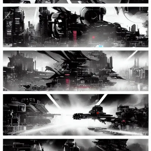 Image similar to the spacebattle, industrial scifi, cyberpunk, in the style of Ashley Wood and Moebius