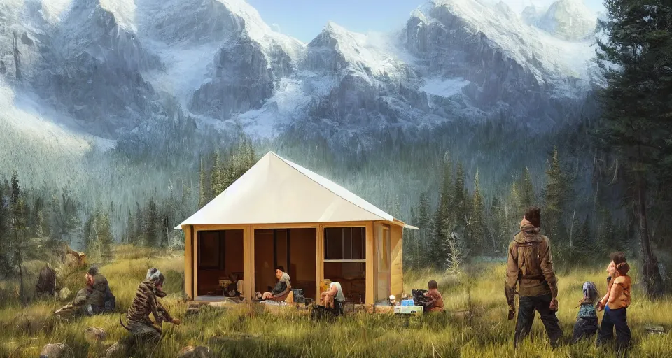 Image similar to cabela's beautiful comfortable community of modular insulated wall container home kit - house all weather family dwelling tent house, person in foreground, mountainous forested wilderness open fields, beautiful views, painterly concept art, environmental concept art, concept art illustration, by james gurney, by craig mullins, by greg rutkowski trending on artstation