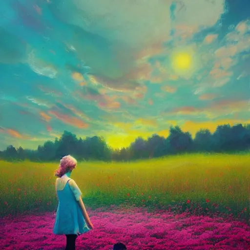 Image similar to flower girl with a flower face, surreal photography, dream, standing in flower field, in a valley, sunrise dramatic light, impressionist painting, colorful clouds, artstation, simon stalenhag