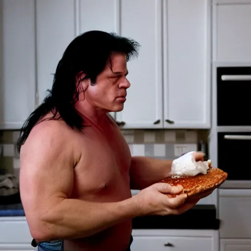 Image similar to angry glenn danzig baking a fruit pie, making a mess, 4 k,