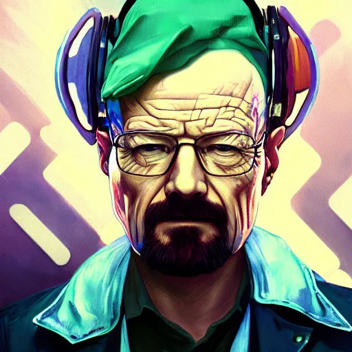 Prompt: high quality illustration, walter white realistic portrait, cyberpunk, alphonse mucha, riot game, beautiful, epic camera, alexandre bourlet, colorful background, arcane, lois van baarle, league of legend, digital painting, james jean, dynamic colors, greg rutkuwsky, artstation, concept art, neon