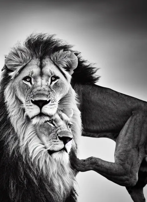 Image similar to lion and lioness black and white portrait white sky in background