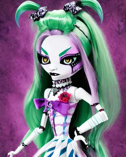 Image similar to watercolor portrait of monster high draculaura doll, by darkodordevic, makoto shinkai and, detailed and intricate environment