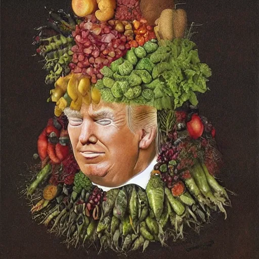 Image similar to donald trump portrait made by composition of fruit and vegetables by giuseppe arcimboldo