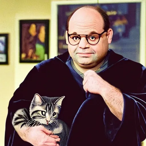 Image similar to “ george costanza from seinfeld with the body of a cat, wearing velvet robe, very realistic, very detailed ”