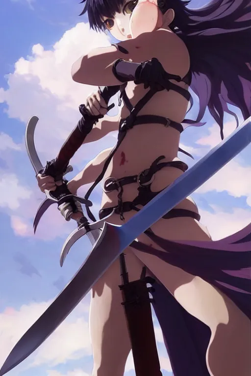 Image similar to a full body of the catgirl holding guts great sword, finely detailed features, closeup at the faces, perfect art, gapmoe yandere grimdark, trending on pixiv fanbox, painted by miura kentaro greg rutkowski makoto shinkai takashi takeuchi studio ghibli, akihiko yoshida
