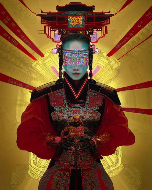 Image similar to portrait of a chinese cyberpunk machine, machine face, robed, upper half portrait, decorated with chinese opera motifs, regal, asian, fine china, wuxia, traditional chinese art intricate intense elegant 京 剧 highly detailed digital painting artstation concept art smooth sharp focus illustration, art by artgerm and greg rutkowski alphonse mucha 8 k