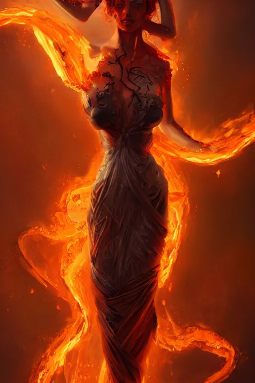 Prompt: torso of beautiful model wearing fire and lava dress, sorcerer, diamonds, angel, fantasy, dramatic lighting, highly detailed, digital painting, holding electricity, magic the gathering, hyper detailed, 3 d render, hyper realistic detailed portrait, peter mohrbacher, wlop, ruan jia