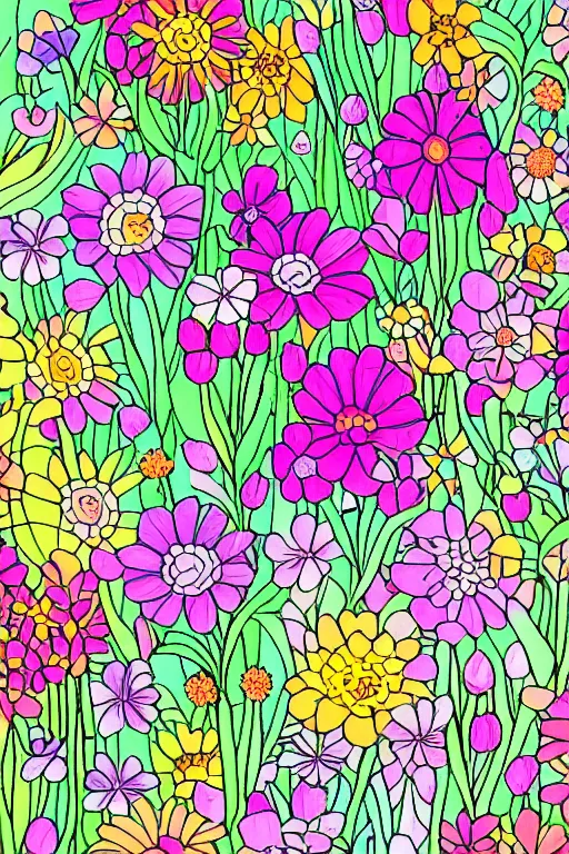 Image similar to spring flowers, happy and beautiful, in the style of coloring book