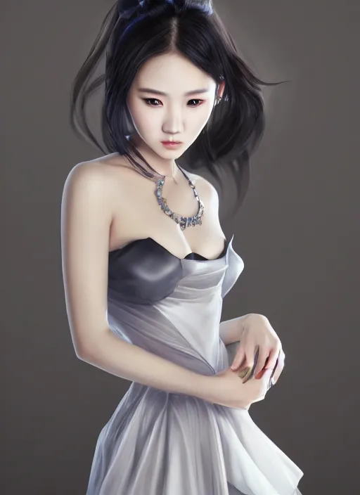 Image similar to beautiful fashion chinese girl group, strapless dress, character portrait in the style of thomas river and artgerm, wlop, cinematic lighting, hyperdetailed, 8 k realistic, symmetrical, global illumination, radiant light, halo, love and mercy, frostbite 3 engine, cryengine, dof, trending on artstation, digital art, chanel