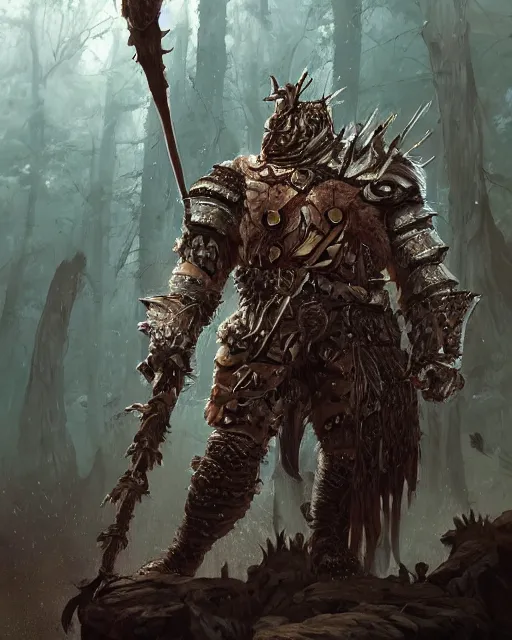 Image similar to Huge Bugbear warrior in armor, portrait, woodlands, magic the gathering artwork, D&D, fantasy, cinematic lighting, centered, symmetrical, highly detailed, digital painting, artstation, concept art, smooth, sharp focus, illustration, volumetric lighting, epic Composition, 8k, art by Akihiko Yoshida and Greg Rutkowski and Craig Mullins, oil painting, cgsociety