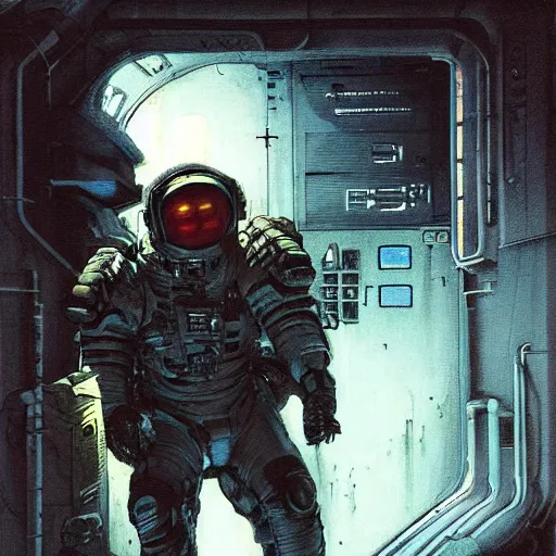 Prompt: Cyberpunk Dead Space themed Astronaut stepping out of an airlock, detailed illustration, Industrial Scifi, by Frank Frazetta and Martin Grip