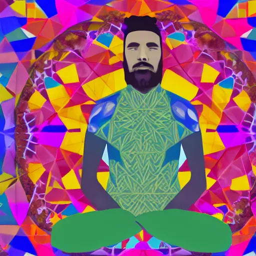 Prompt: A beautiful photograph of a man with a large head, sitting in what appears to be a meditative pose. His eyes are closed and he has a serene look on his face. His body is made up of colorful geometric shapes and patterns that twist and turn in different directions. It's almost as if he's sitting in the middle of a kaleidoscope! Sonic the Hedgehog by Charles Blackman lines, distorted