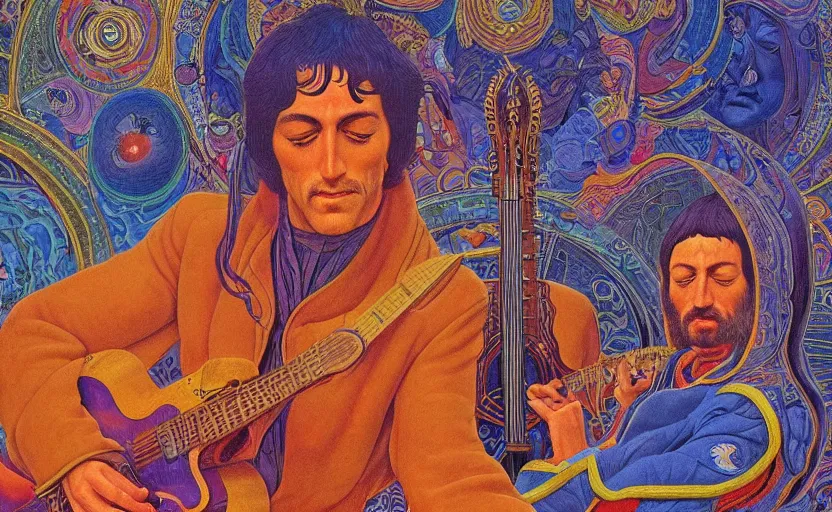 Image similar to an breath - taking jean giraud work of art of john lenon in the style of a renaissance masters portrait, mystical and new age symbolism and tibetan book of the dead imagery, intricately detailed, the beatles imagery, 4 k