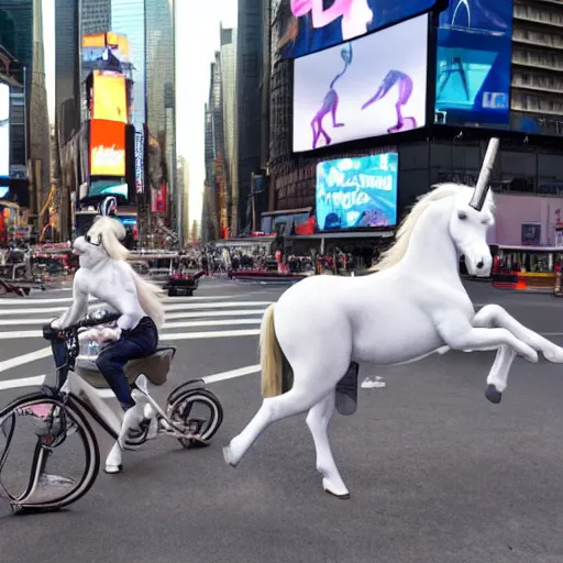 Image similar to two whitw unicorns riding bikes in time square, photoreal