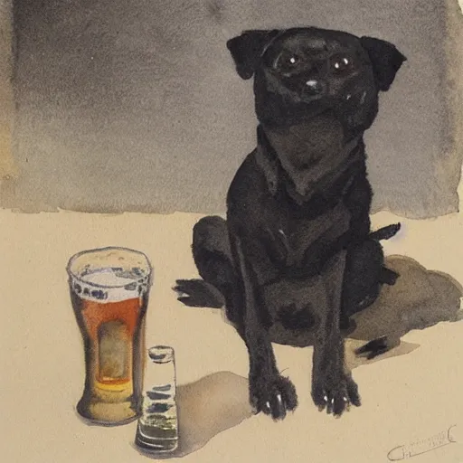 Prompt: a watercolor of a small black dog drinking beer by charles e. burchfield