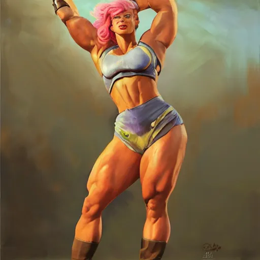 Prompt: greg manchess portrait of margot robbie as happy thick female bodybuilder zarya from overwatch in disco elysium, epic grimdark, fantasy, medium shot, asymmetrical, profile picture, organic painting, sunny day, matte painting, bold shapes, hard edges, street art, trending on artstation, by huang guangjian and gil elvgren and sachin teng