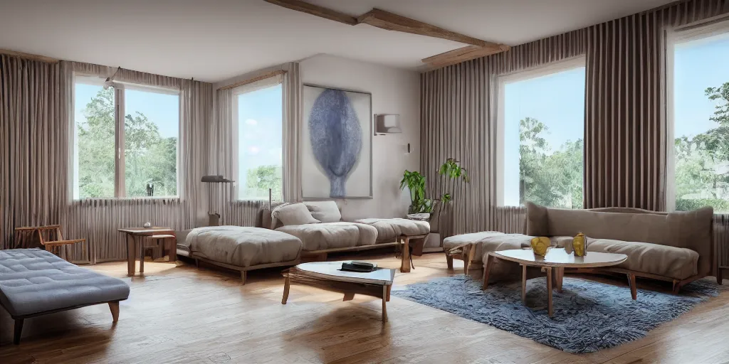 Image similar to a relaxing room with a wooden table and a big sofa and paintings on the wall, high quality, 8 k, architecture, symmetrical, harmonious, complementary colors, calm, high coherence, natural lighting, path traced, highly detailed, hyperrealistic, concept art, octane render, unreal engine 5, trending on artstation, beautiful, elegant