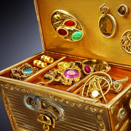 Prompt: A treasure chest filled with jewels and golden artefacts, 4k, hdri, museum quality photo