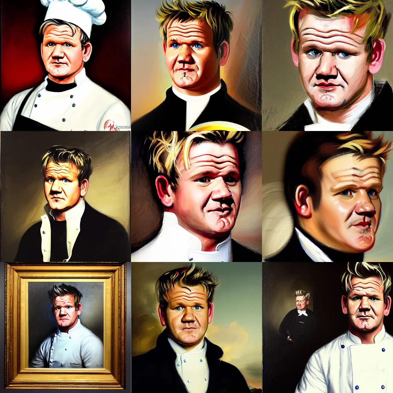 Prompt: a head and shoulders portrait of gordon ramsay wearing a chef uniform looking off camera, a character portrait by john trumbull, american romanticism, detailed painting, soft focus