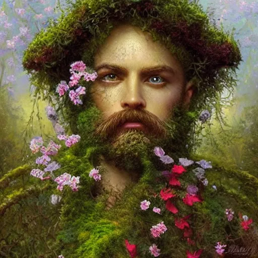 Prompt: a majestic male garden angel with a beard made of moss, he is clothed in vines and flowers standing in front of a beautiful cottage, an oil painting by ross tran and thomas kincade