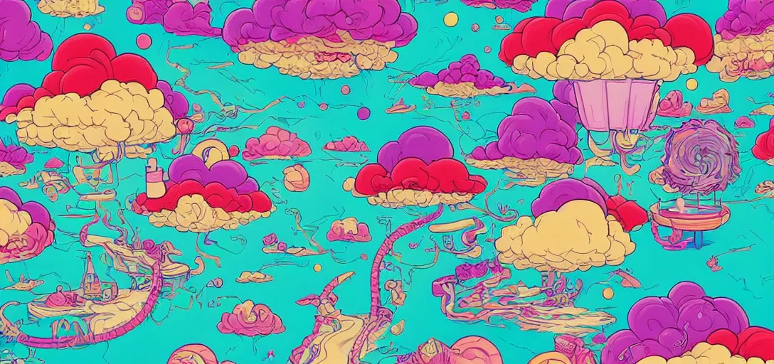 Image similar to air spun cotton candy milkshake island by Tara McPherson, vivid colors, high contrast, 8k resolution, intricate, photorealistic, smooth