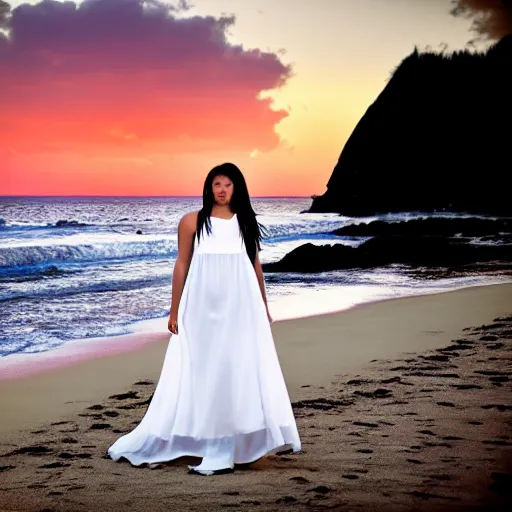 Image similar to a beautiful photograph of a woman in a white dress on the beach at sunset, by krysia lukkason