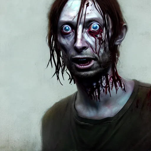 Prompt: young thom yorke as a zombie, 7 days to die zombie, fine art, award winning, intricate, elegant, sharp focus, cinematic lighting, rimlight, digital painting, 8 k concept art, art by z. w. gu, art by brom, art by michael hussar, 8 k