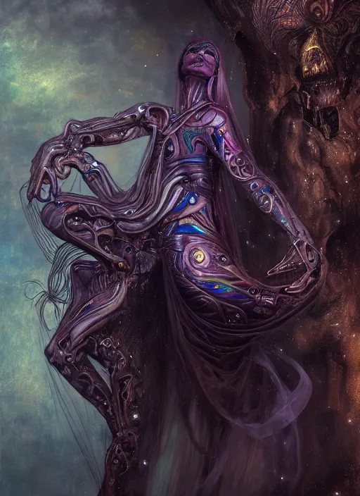 Image similar to epic portrait of menacing, agitated, anxious yet stunningly beautiful biomechanical djinn overseeing the iridescent fabric of the universe, by charlie bowater, mandy jurgens, gustav klimt, octane render, dramatic camera angle, 4k, 8k, high detail, HDR, by tom bagshaw, powerful, with inspiration from Beksinski, inspired by greek goddess Athena