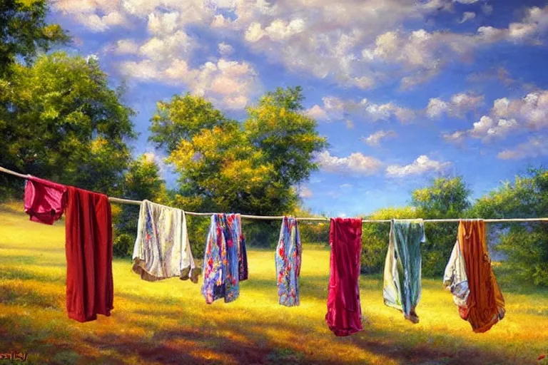 Prompt: summer dresses drying in the sun, created by Mark Keathley