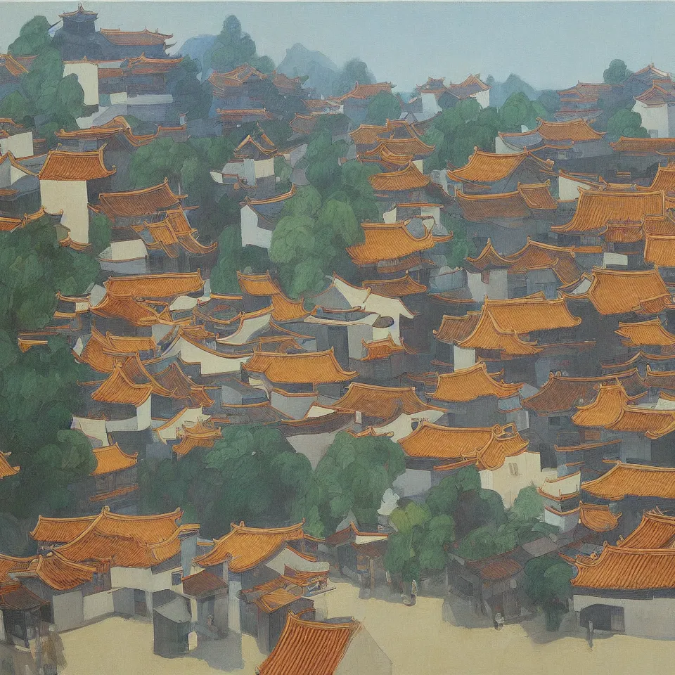 Prompt: a painting of hongcun ancient village houses by edward hopper and nicolas party