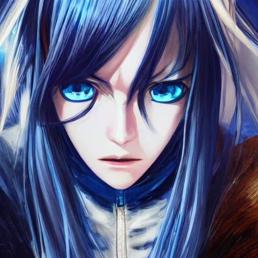 Prompt: full face shot of rimuru tempest, sky blue straight hair, long bangs, with bright amber eyes, wearing a fancy black jacket, high collar, ultra detailed, brush strokes, digital painting, cinematic, wlop artstation, closeup, pixiv, intense, intimidating glare, overpowering, yoshitaka amano, junji ito,