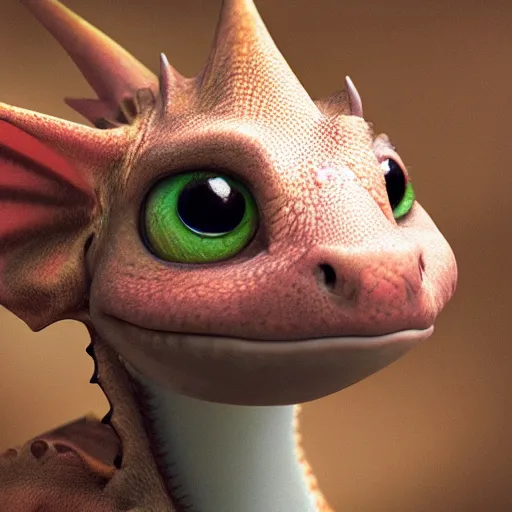 Image similar to a cute little baby dragon, portrait, pixar style, extremely realistic photo, heaven background, cinematic lighting, award winning creature portrait photography