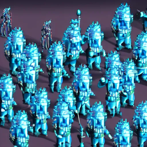 Prompt: tiny blue aliens made of living pixels, resembling knights and nobles. blue skin, colorful hair, feudal society. examined by human scientists, human for scale.