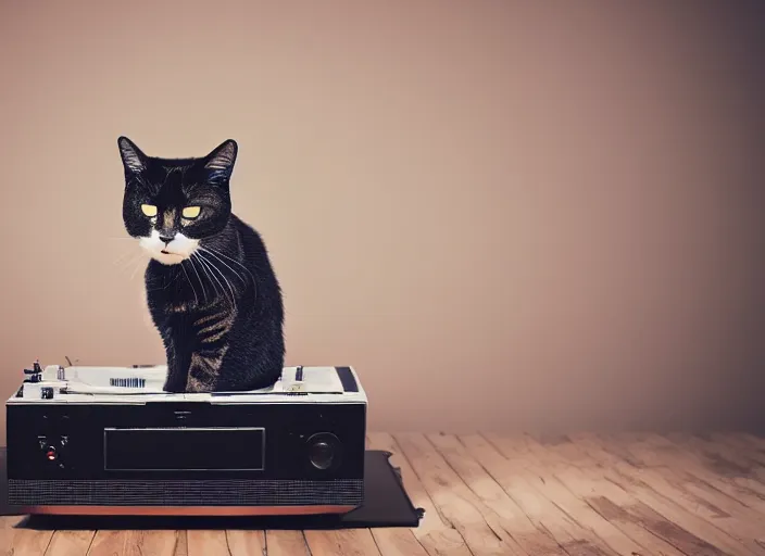 Image similar to photography of a Cat sitting on a record player. in a room full of vinyls and posters out of the 70's, photorealistic, raining award winning photo, 100mm, sharp, high res