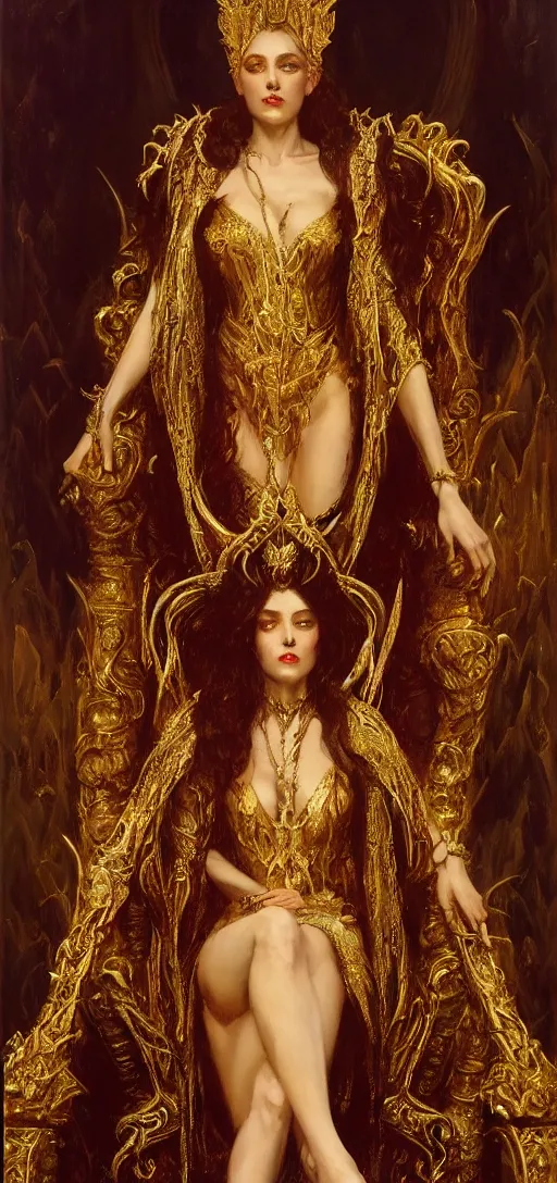 Image similar to full body portrait of beautiful vampire queen in gold gothic robe sitting on a throne of bones, elegant, highly detailed painting by gaston bussiere, craig mullins, j. c. leyendecker, 8 k, mid shot