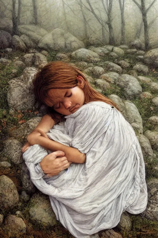 Image similar to peasant girl sleeping in a baby Pose on a stone in a foggy forest, high-key lightning, realistic, aesthetic, sad atmosphere, neutral colors, detailed illustration, oil on canvas by Steve Hanks