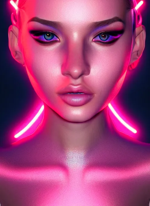 Image similar to photorealistic portrait of female humanoid, cyber neon lights, highly detailed, haute couture fashion, elegant, crispy quality, trending in artstation, trending in pinterest, glamor pose, no signature, no watermark, cinematic, art by artgerm and pascal blanche