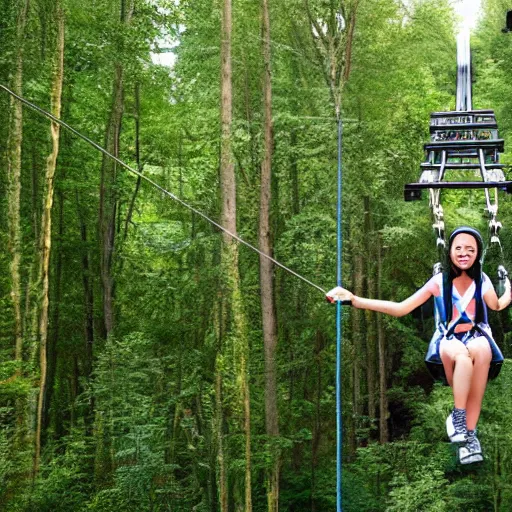 Image similar to cute girl riding zipline rollercoaster through the forest