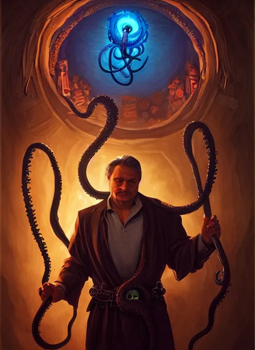 Prompt: modern movie poster of viktor orban with magic lovecraftian tentacles in the background, dungeons and dragons artwork, dramatic lighting, digital painting, masterpiece, by leonardo da vinci, raphael, artgerm, greg rutkowski, vibrant colors