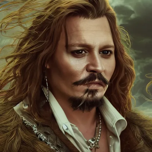 Prompt: highly detailed vfx portrait of johnny depp with a new ginger long hair girlfriend unreal engine, chrome reflect, greg rutkowski, tom bagshaw, alphonse mucha, global illumination, detailed and intricate environment