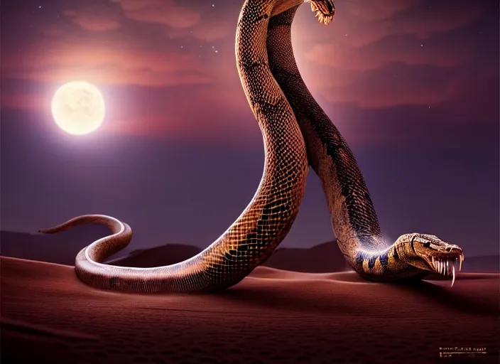 Prompt: giant snake on a moonlit desert, fantasy, d & d, art by artgerm and greg rutkowski, cinematic shot, intricate, ornate, photorealistic, ultra detailed, trending artstaition, realistic, 1 0 0 mm, photography, octane, high definition, depth of field, bokeh, 8 k
