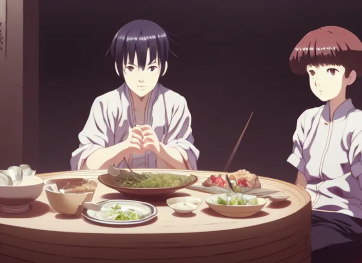 Image similar to a film still portrait of a bowl with sukiyaki, finely detailed features, closeup at the food, perfect art, at a dinner table, gapmoe yandere grimdark, trending on pixiv fanbox, painted by greg rutkowski makoto shinkai takashi takeuchi studio ghibli, akihiko yoshida